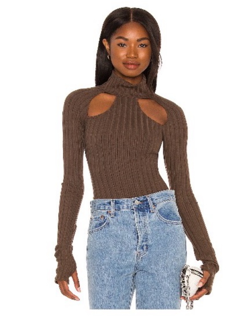 Cutout Ribbed Turtleneck Bodysuit in Brown